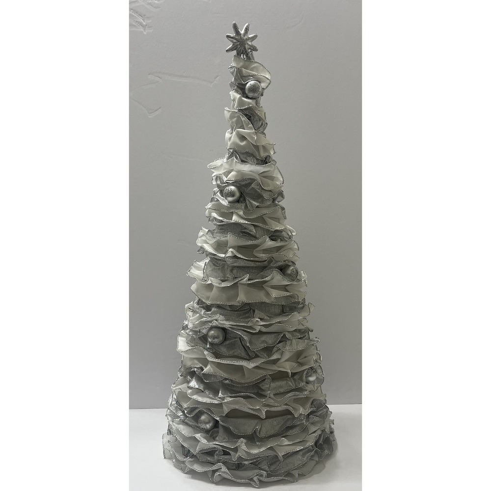 Christmas Tree White Silver Cone Ruffled Fabric Ribbon Ornaments Star 24x9"